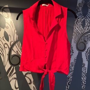 Cropped Red Sleeveless Tie-Front Blouse